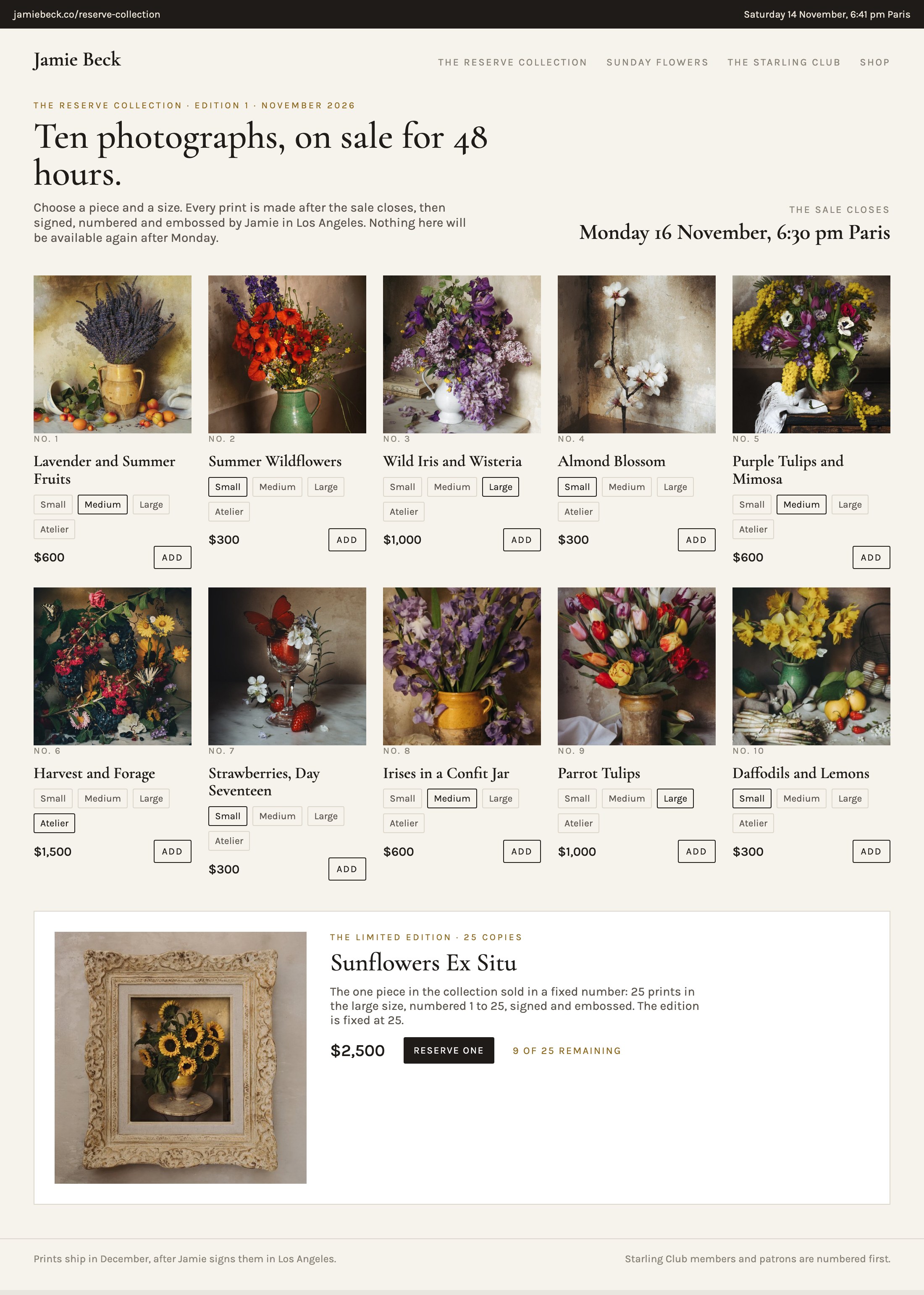 The Reserve Collection sale page: ten photographs in a grid, each with four sizes and a price, and beneath them the limited edition of 25 at $2,500